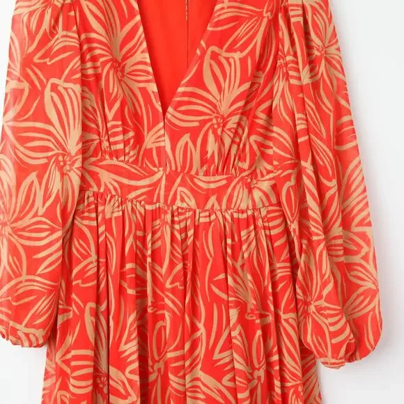 TOCCIN X RTR V-Neck Red and Orange Printed Maxi Dress - Size 4